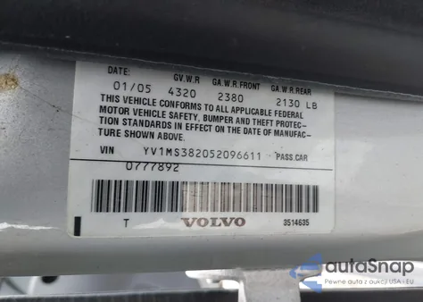 2005 Volvo S40 2.4I из США, поврежденный, VIN YV1MS382052096611